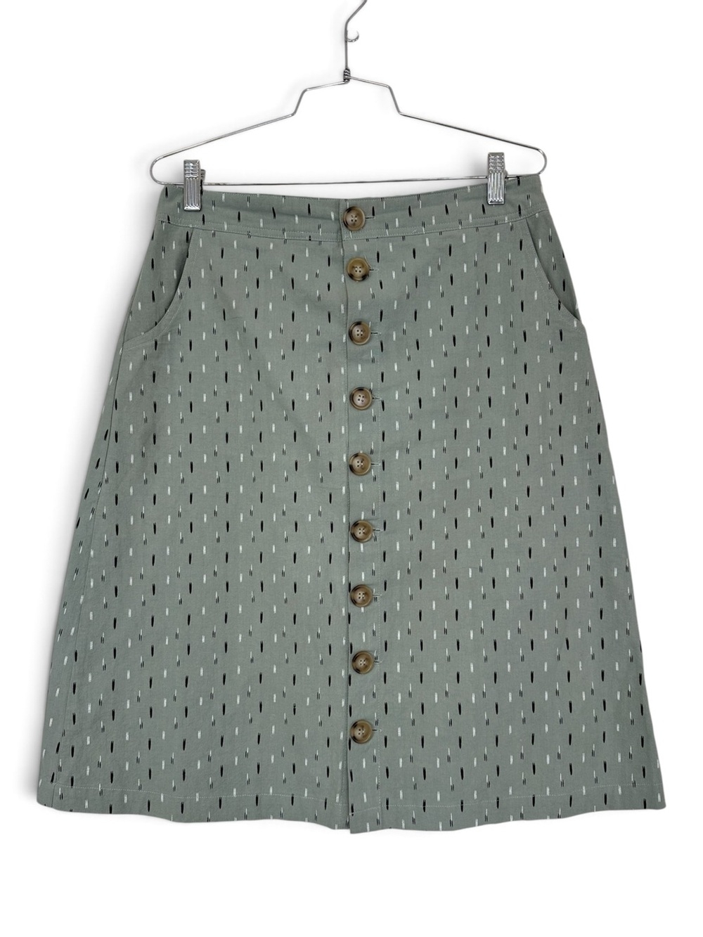 Bohme Linen Blend Button Front Midi Skirt Sage Green Abstract Print M